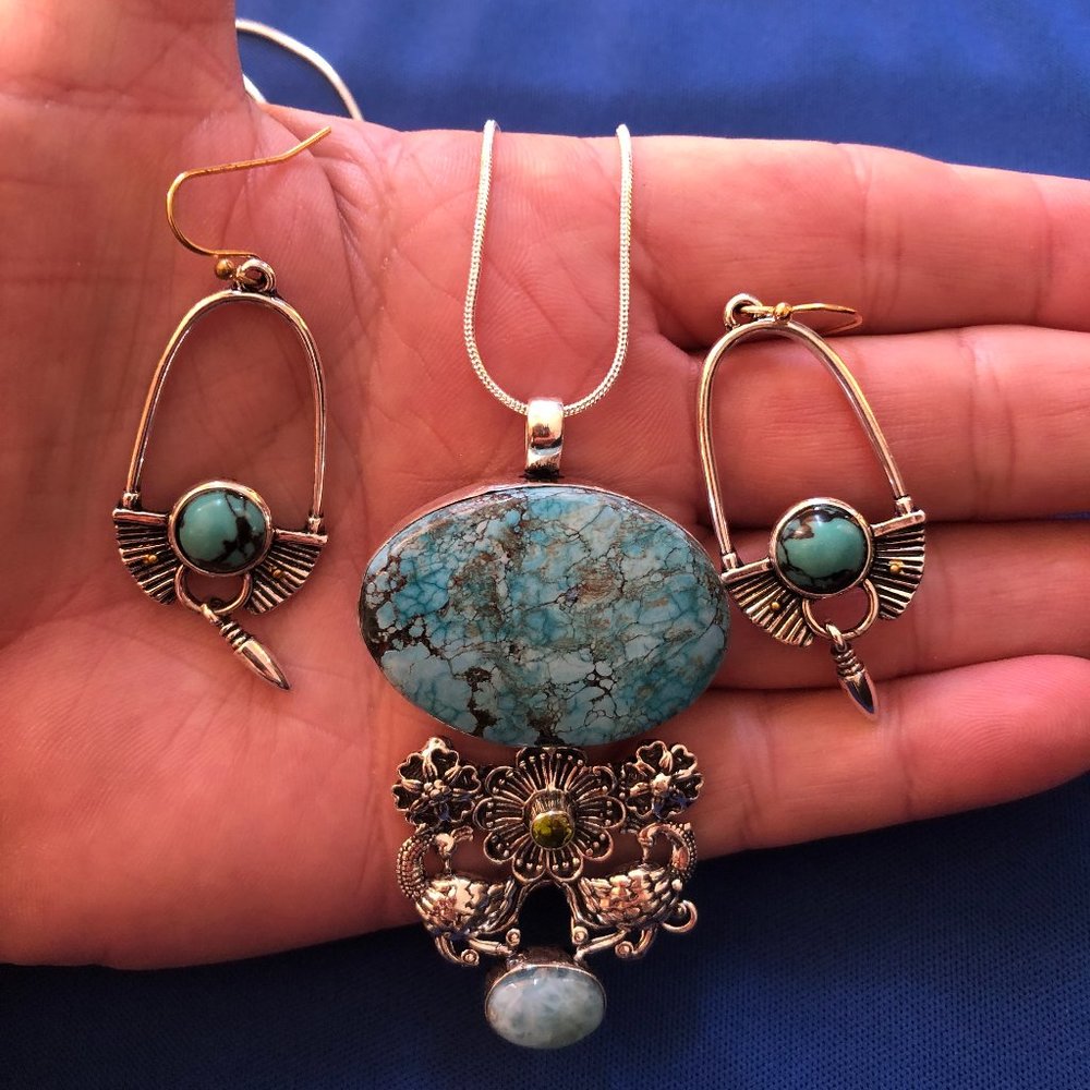 Peacock Turquoise Larimar 925 Silver Plated Necklace.